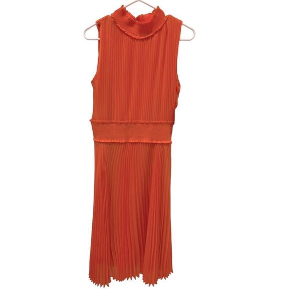 Nanette Lepore Smocked High Neck Pleated Dress in Vivid Coral.Size 12 - Picture 7 of 15